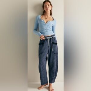 NWT Free People Intimately S Wait A Minute Barrel Pants in Heather Navy Combo